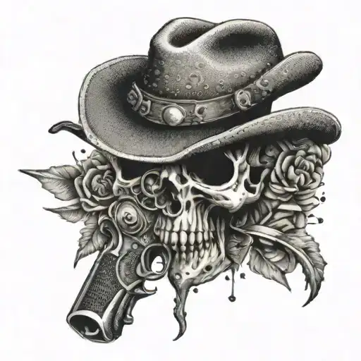 A Revolver With Intricate Dotwork Details Intertwined With A Skull Wearing A Cowboy Hat