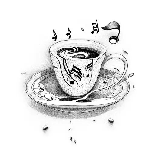 A Dotwork Tattoo Of A Coffee Cup With Musical Notes Flowing Out Of It