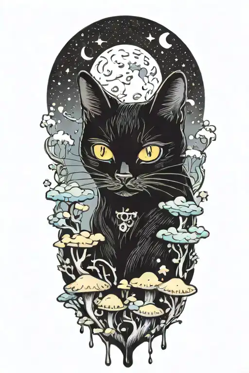 Black Cat With Colorful Mushrooms And Crescent Moon And Clouds And Stars Melting