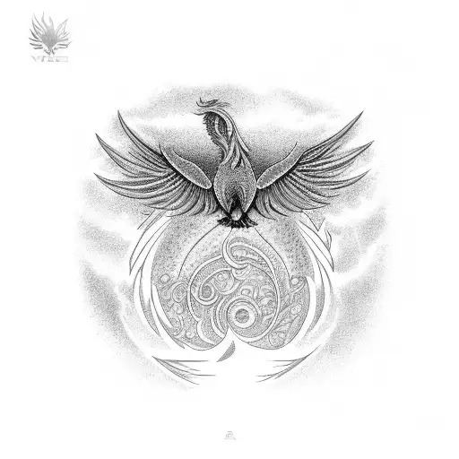 A Mesmerizing Dotwork Tattoo Of A Phoenix Soaring Above A Volei Court