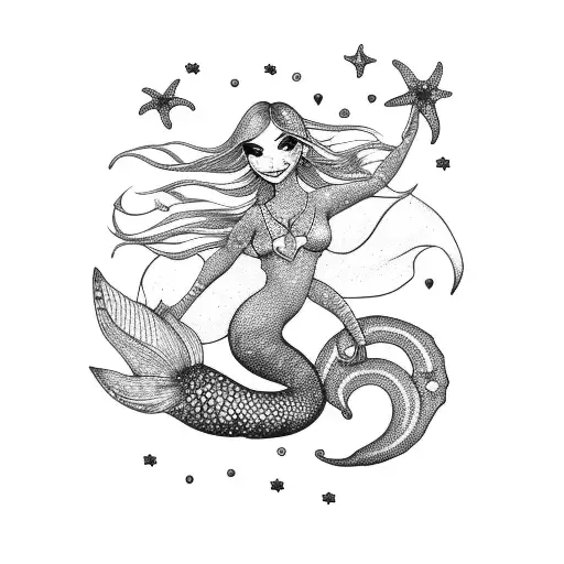 Mermaid Silhouette Sitting On An Anchor With Stars In The Background