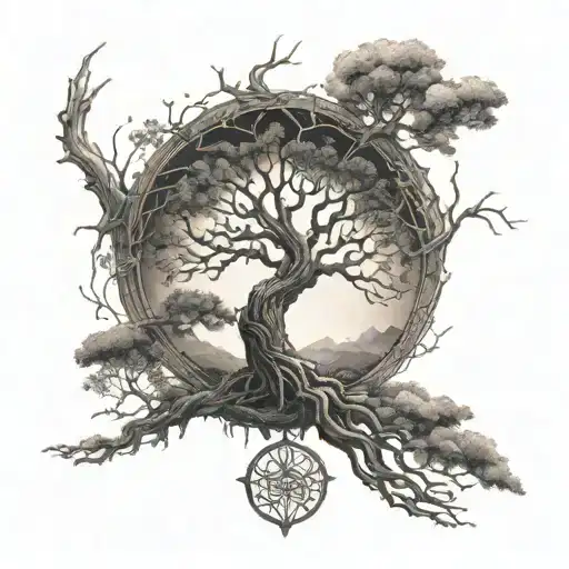A Tattoo Design Of A Tree Of Life Inspired By The Lord Of The Rings With Subtle Musical Elements