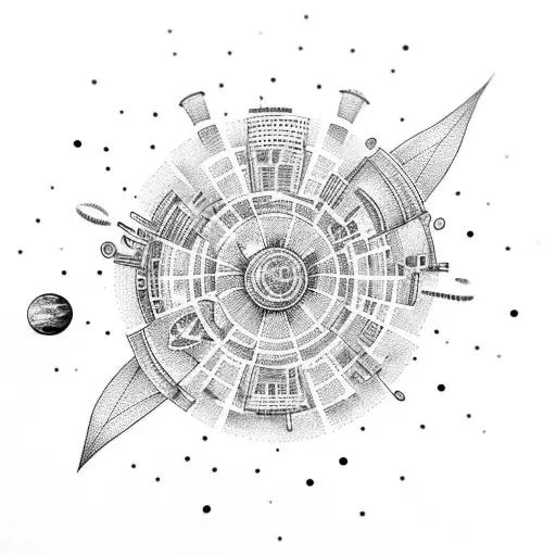 A Dotwork Tattoo Of A Futuristic Cityscape With Planets In The Background