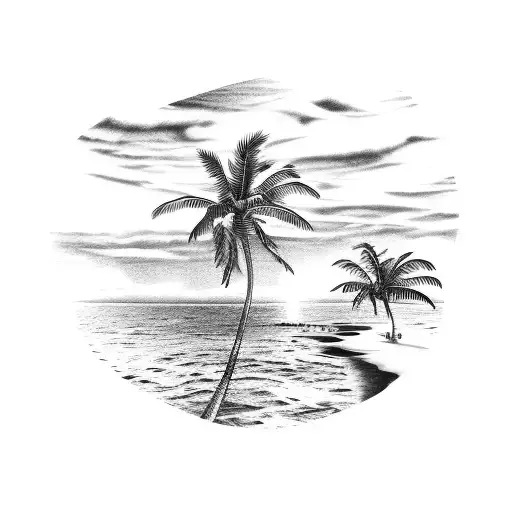 A Serene Beach Scene With Palm Trees And A Waterfall Flowing Into The Ocean