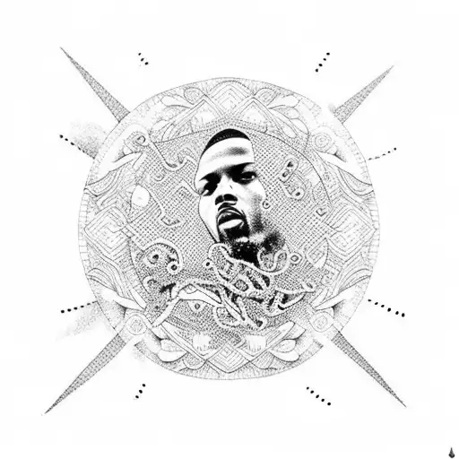 A Dotwork Tattoo Of A Hip Hop Artist Surrounded By Coffee Beans