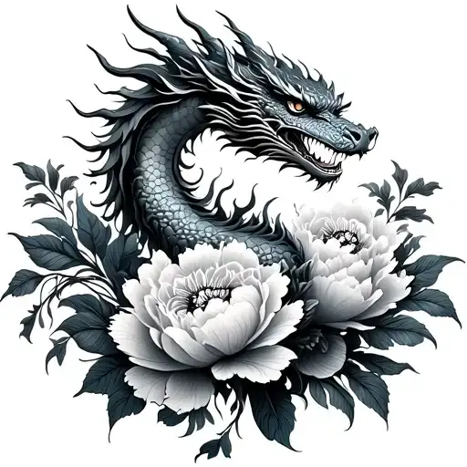 Haku Dragon Emerging From Peonies And Baroque Arabesques