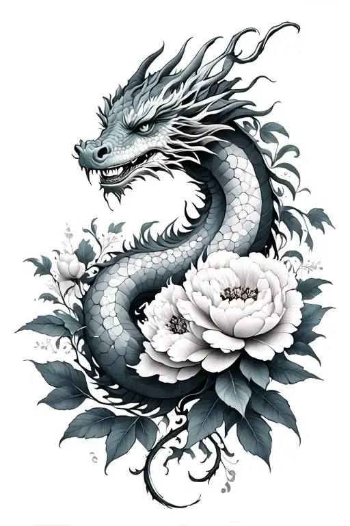 Haku Dragon Full Body Emerging From Peonies And Leaves With Baroque Arabesques