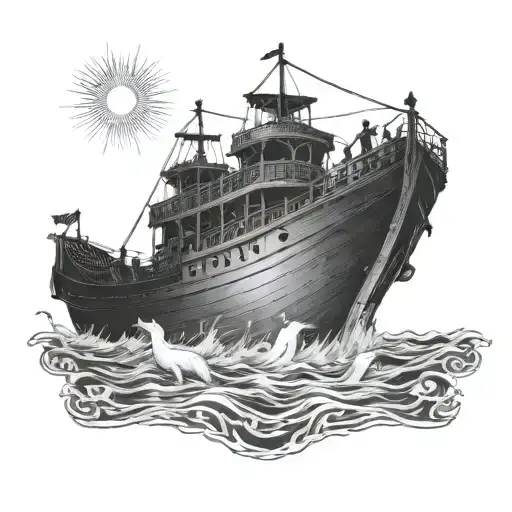 Noahs Ark With A Ray Of Light Shining Down On The Boat And With No Flags On The Boat In Water