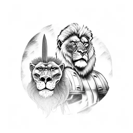 A Lion And Gorilla Facing Each Other With Swords Crossed In The Background