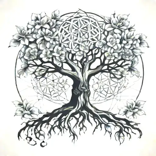 Fibonacci Tree Holding Flower Of Life In Root System