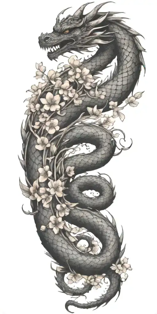 Dragon Coil And Cherry Blossom Petals Falling