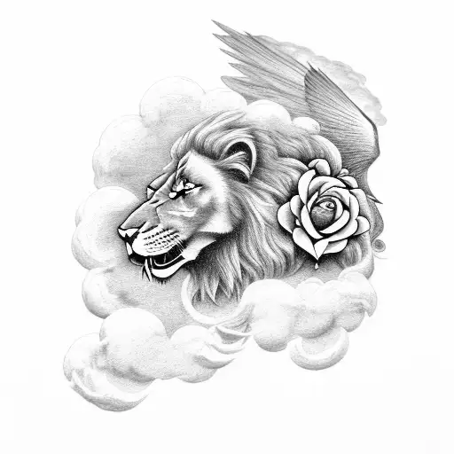 Archangel And Lion Side To Side With Clouds In Background And Red Rose At The Bottom