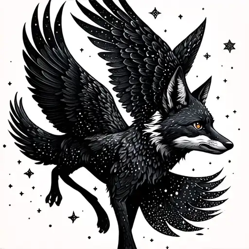 A Celestial Fox And Crow Soaring Through A Starry Night Sky
