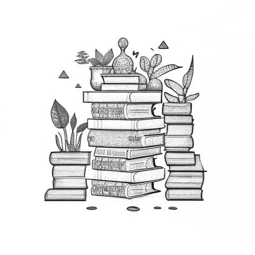 A Dotwork Tattoo Of A Stack Of Books Surrounded By Plants And Coffee Cups