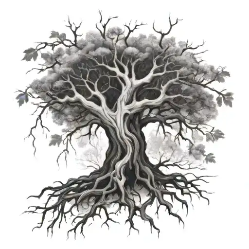 Big Old Tree Roots Exposed And Long Branches With Some Leaves