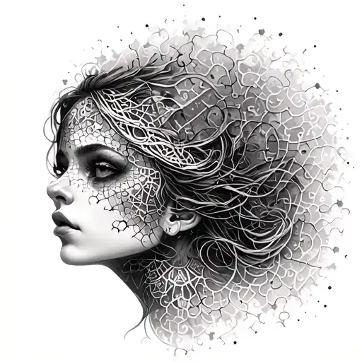 A Mysterious Woman's Face With Intricate Puzzle Patterns Incorporated Into Her Hair And Background