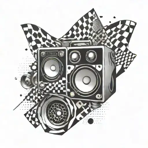 An Abstract Geometric Pattern Incorporating Elements Of A Racing Flag And Subwoofer Speakers