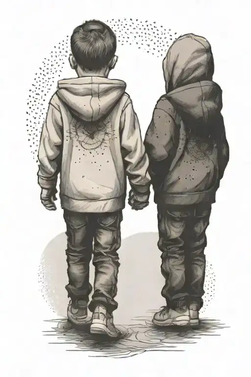 A Toddler Boy And Baby Boy Holding Hands Walking Away Wearing Hoodies