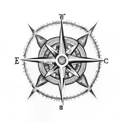 A Dotwork Tattoo Featuring A Compass Surrounded By Intricate Travel Symbols
