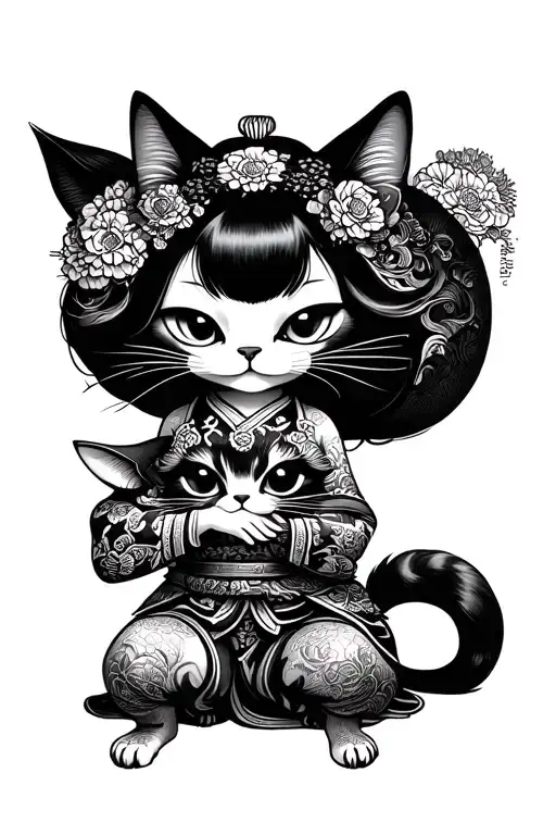 Cat-faced Geisha Kneels In Arms With Dead Cat-faced Samurai