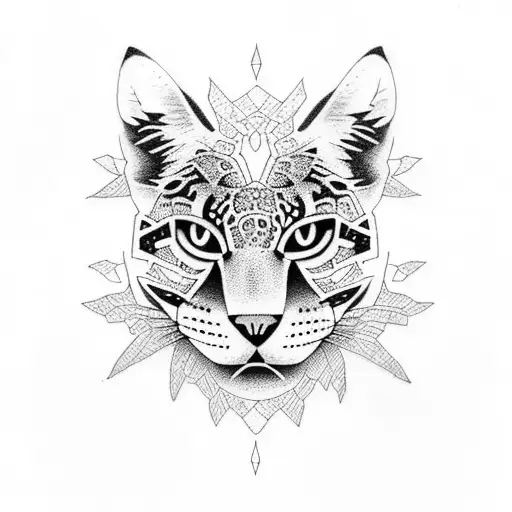 A Dotwork Tattoo Of A Mesmerizing Sunset Over A Wild Forest With A Hidden Jaguar