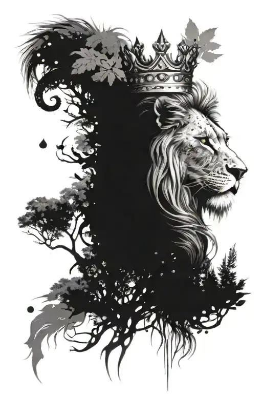Angry Lion With King Crown Surrounded By Nature
