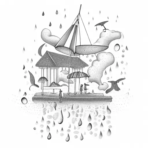 A Beach Scene With Rain Falling And Musical Notes Floating In The Air