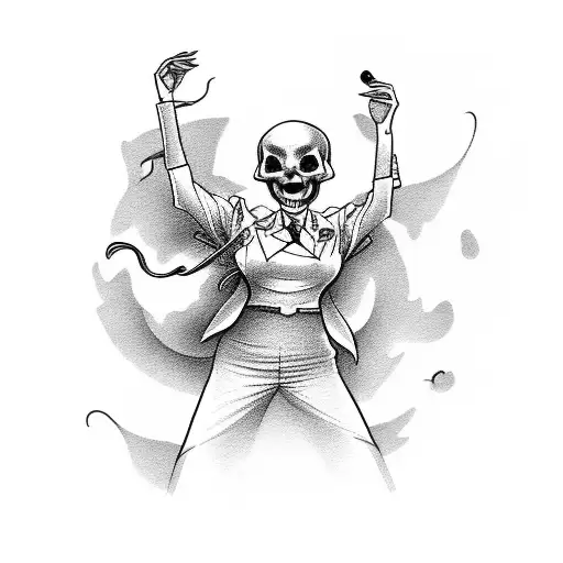 A Tattoo Design Of A Secretary Dancing Gracefully With A Skull And Gun As Dance Partners