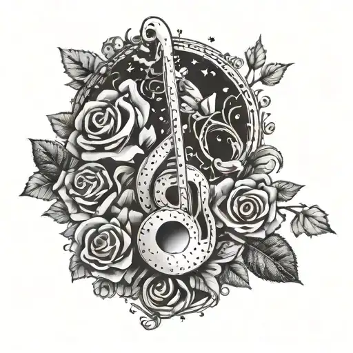 A Dotwork Tattoo Of A Music Note Made Out Of Roses And Musical Instruments