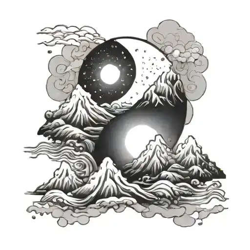 Yin Yang Mountain Ocean Black White Drawing
