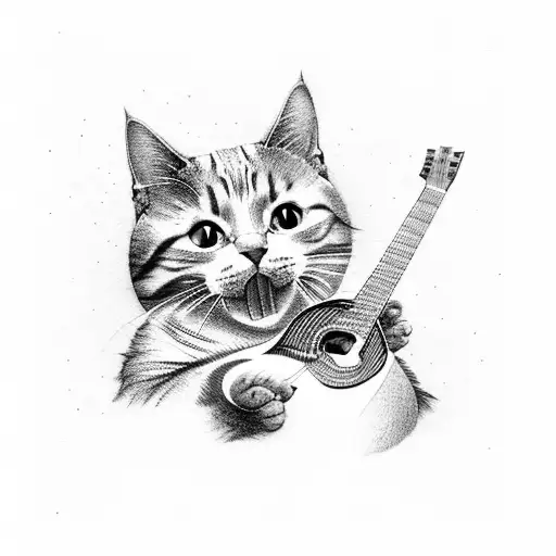A Tattoo Of A Cat Playing A Guitar On A Rocky Cliff