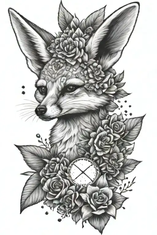 Fennec With Flowers And Small Moon And Sun