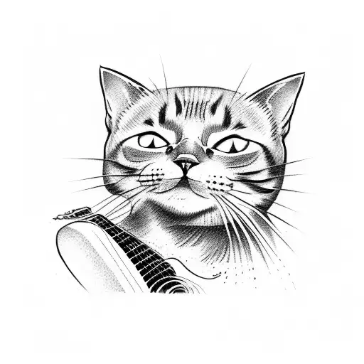 A Tattoo Of A Cat Playing A Guitar On A Rocky Cliff