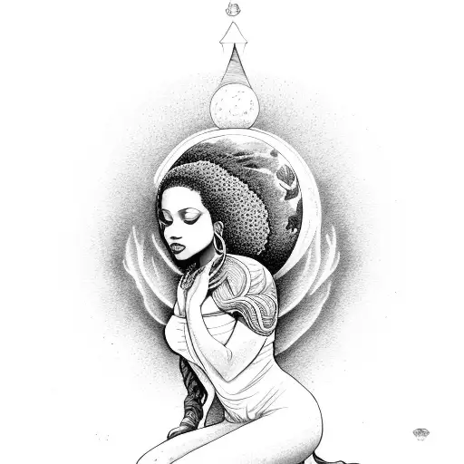 Divine Feminine Earth Goddess Kneeling With Afro Holding The World With Moon And Sun Behind Her