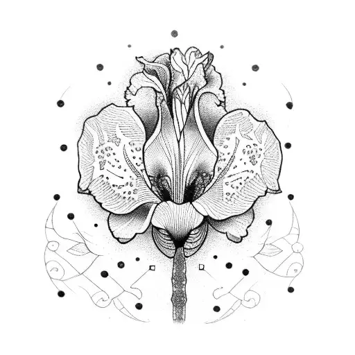 A Dotwork Tattoo Of An Iris Flower Surrounded By Arabic Geometric Patterns