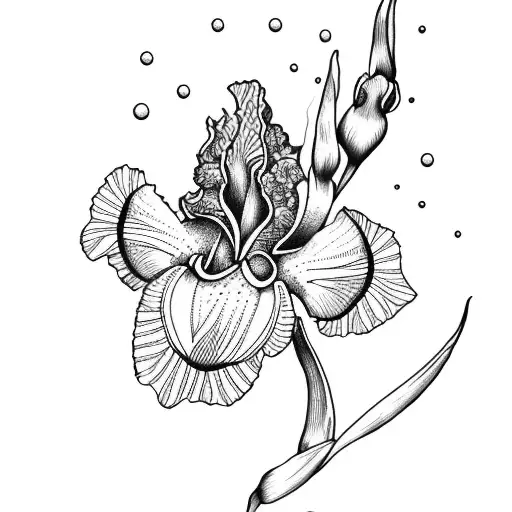 A Dotwork Tattoo Of An Iris Flower Surrounded By Arabic Geometric Patterns