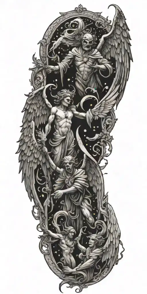 A Horror Movie Inspired Scene With Angels And Demons Battling In A Damask Patterned Background