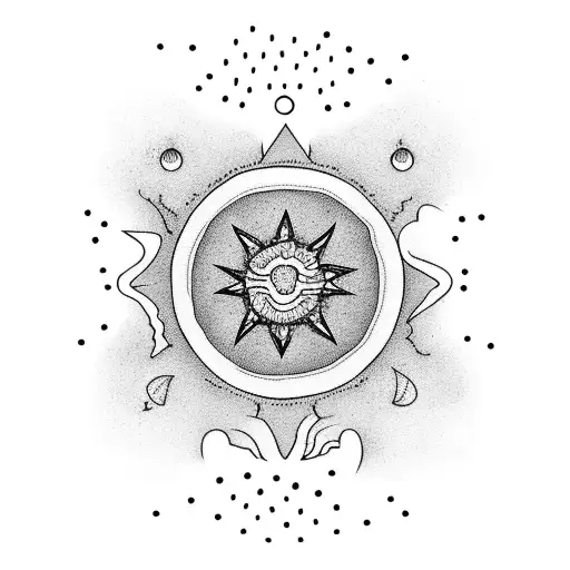 Dotwork Tattoo Of A Beach Sunset With Red Hot Chili Peppers Scattered In The Sky