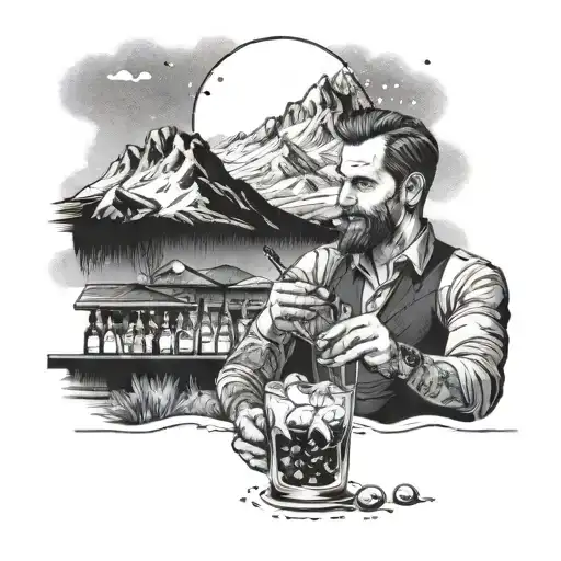Barman Mixing Cocktails With A Snowy Mountain Scene In The Background