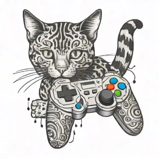 A Cat Playing A Video Game Controller Surrounded By Musical Notes