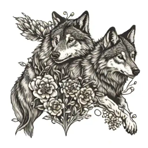 A Wolf And A Dog Playing Together In A Field Of Blooming Flowers