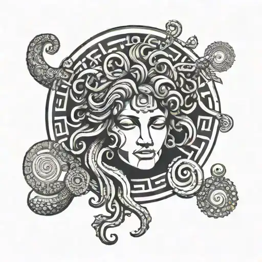 A Geometric Design Incorporating The Medusa Family Symbol And Greek Key Patterns
