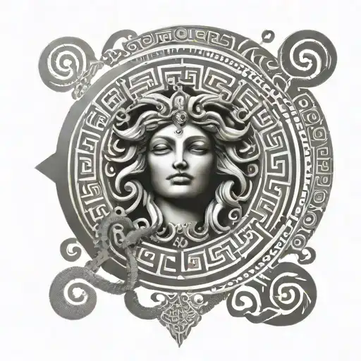 A Geometric Design Incorporating The Medusa Family Symbol And Greek Key Patterns