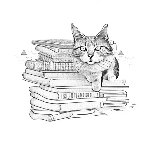 A Dotwork Tattoo Of A Cat Sitting On A Stack Of Books With A Beach Scene In The Background