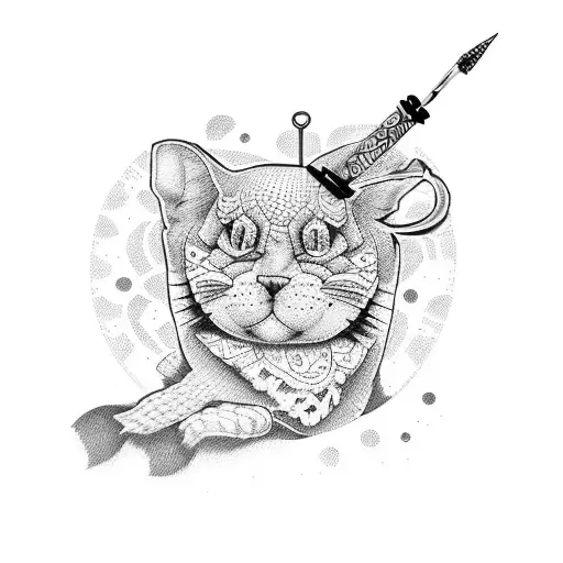 A Tattoo Design Featuring A Book And A Crochet Hook In A Dotwork Style