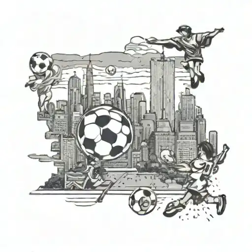A Cityscape Of New York With Anime Characters Playing Soccer In The Foreground