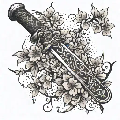 A Katana Sword With Intricate Cherry Blossom Branches Wrapping Around The Blade