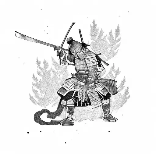 A Samurai Warrior Hiking Through A Dense Forest