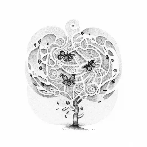A Dotwork Tattoo Of A Cocoa Tree With Butterflies Fluttering Around It