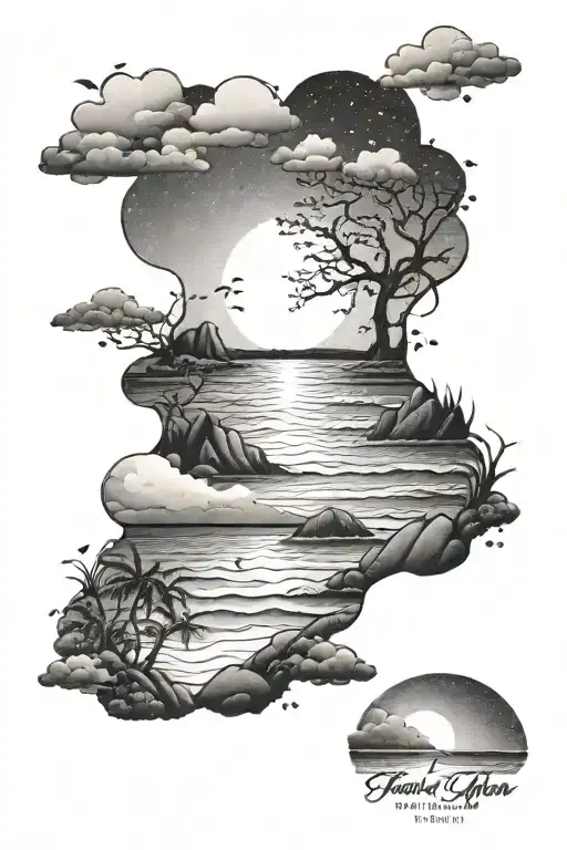 Design A Scenic Tattoo Of A Beach Sunset With Frank Ocean Lyrics Incorporated In Dotwork Style